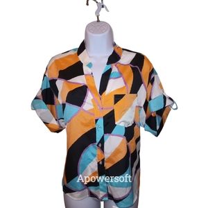Ellison Abstract Art Print Cropped Button Up Blouse Top